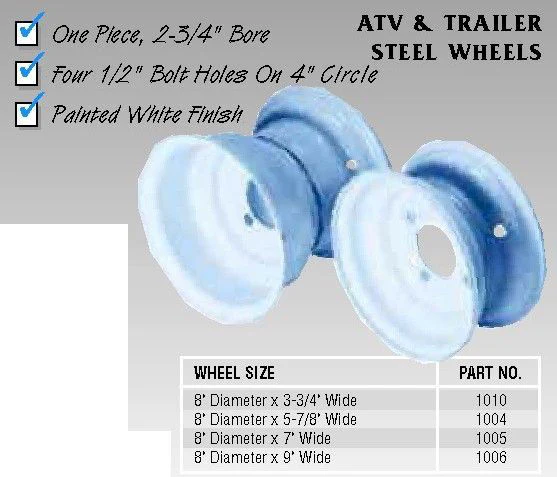 8 in. steel atv wheel, 8.5 in. wide, four 1/2 in. bolt holes on 4 in. circle