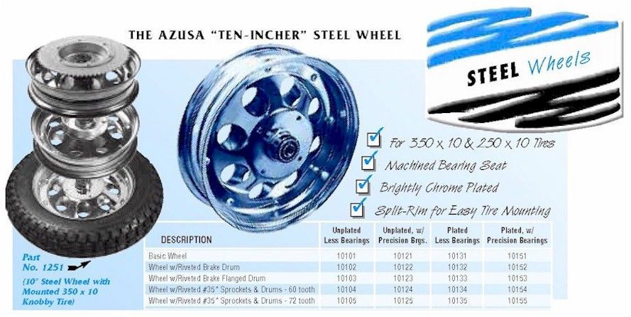 Mini Bike Wheel, 10 in. Chrome Plated, Brake Drum, 5/8 in. ID Precision Ball Bearings - Image 2