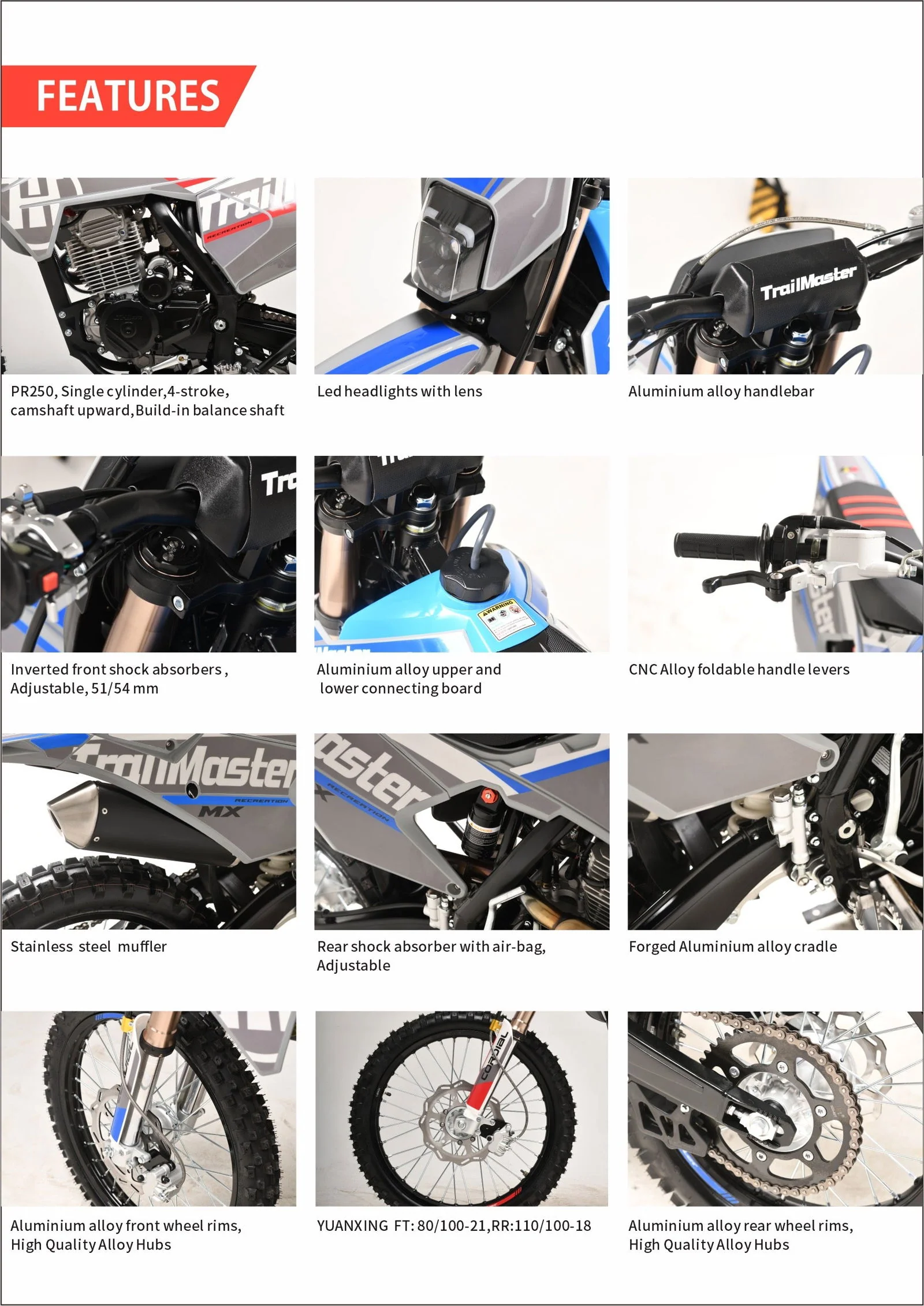 TrailMaster MX250-Pro Dirt Bike, 5-Speed Manual, Dual Disc Brakes, Electric Start (21/18) Wheels - Image 18