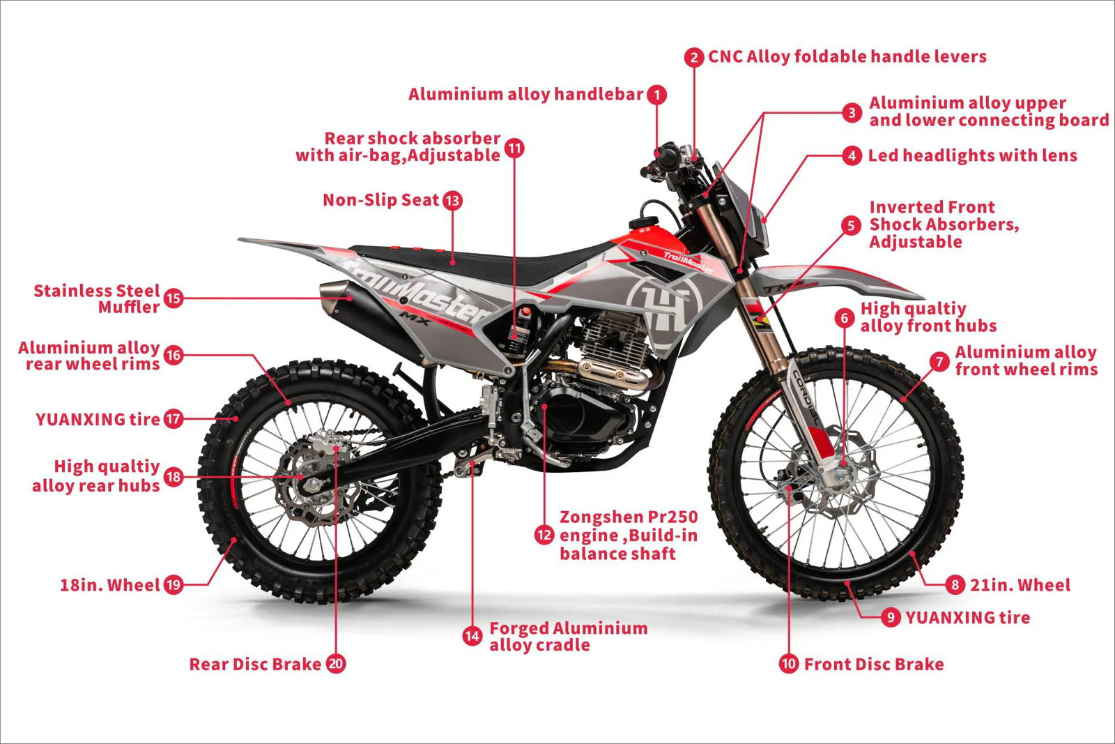 TrailMaster MX250-Pro Dirt Bike, 5-Speed Manual, Dual Disc Brakes, Electric Start (21/18) Wheels - Image 19
