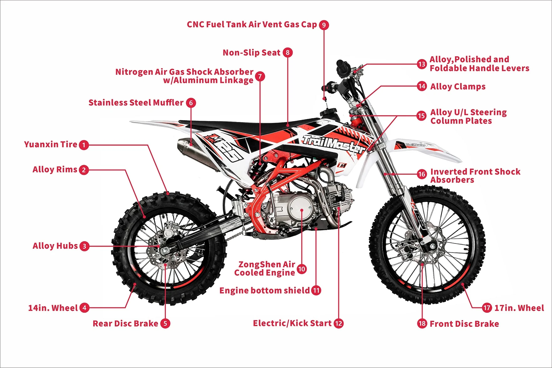 TrailMaster LK125 Pro Series Dirt Bike, Electric Start, 4-Speed Manual, Dual Disc Brakes, (17/14) Wheels - Image 15