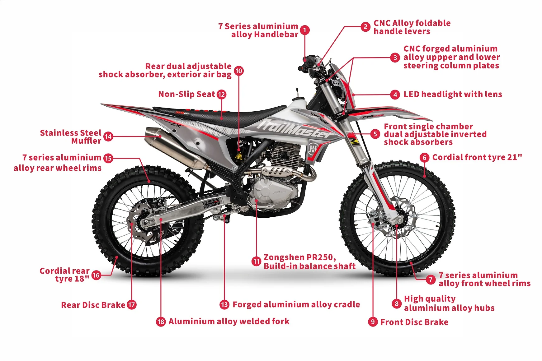 TrailMaster LX250 Dirt Bike, 6-Speed Manual, Dual Disc Brakes, Electric Start with Kick backup, (21/18) Wheels - Image 19