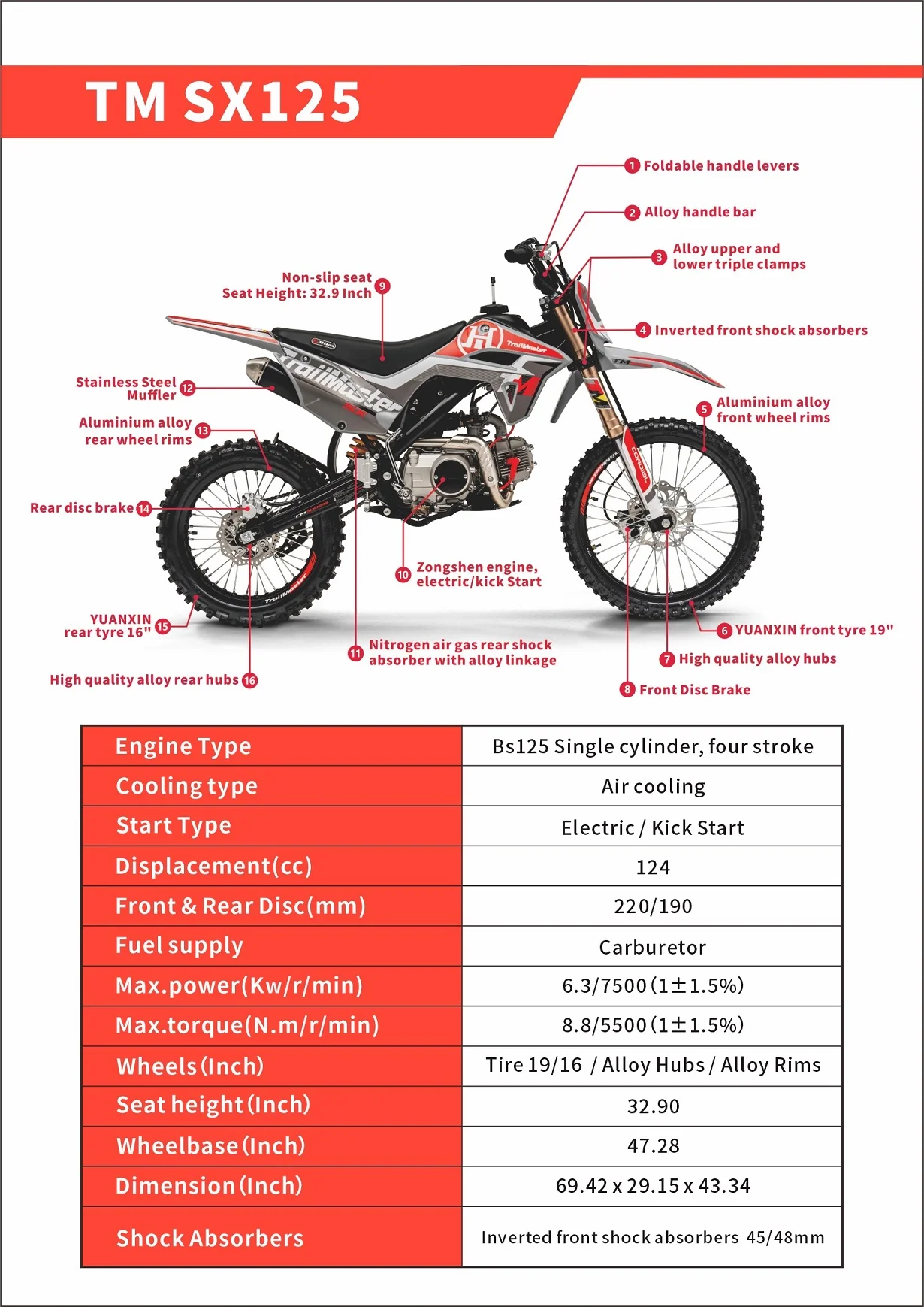 TrailMaster SX125 Pro Series Dirt Bike, Electric Start, 4-Speed Manual, Dual Disc Brakes, (19/16) Wheels - Image 13